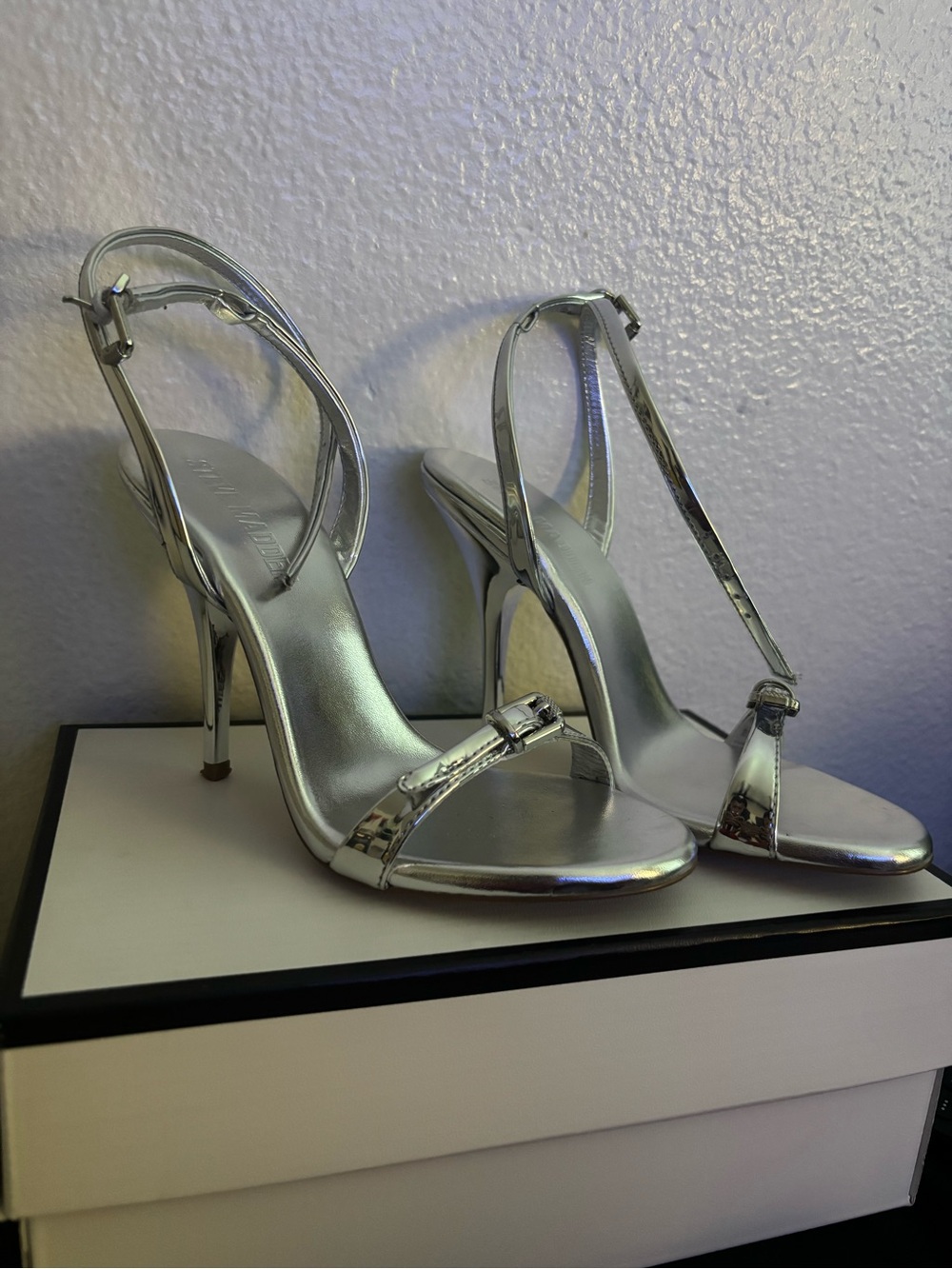 Steve Madden Silver Metallic T-Strap Stiletto Sandals